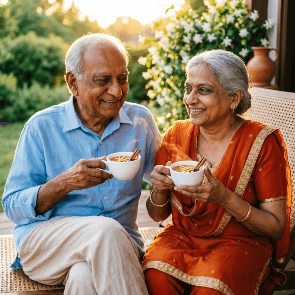 Happy senior Indian couple drinking chai together on veranda at golden hour representing best retirement planning insurance advisor services in Kankroli